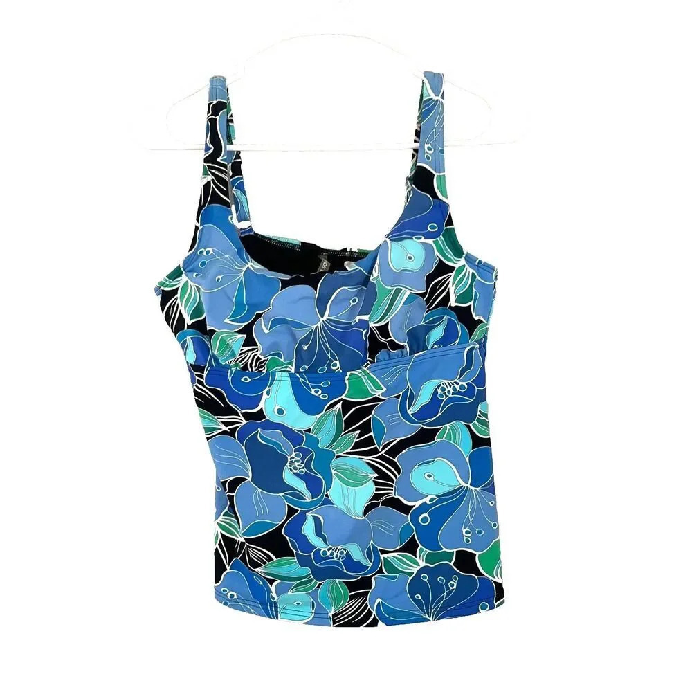Lands End Womens Blue Green Tankini Swimwear 8P Sleeveless Floral Pullover